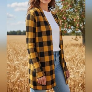 Womens' Black and gold gingham print open cardigan sz. L